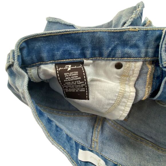 7 For All Mankind Wm’s Sz 27 Medium Blue Wash Distressed Raw Hem Denim Shorts - Picture 4 of 4